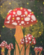Painting of red mushrooms with white spots and glowing lights.