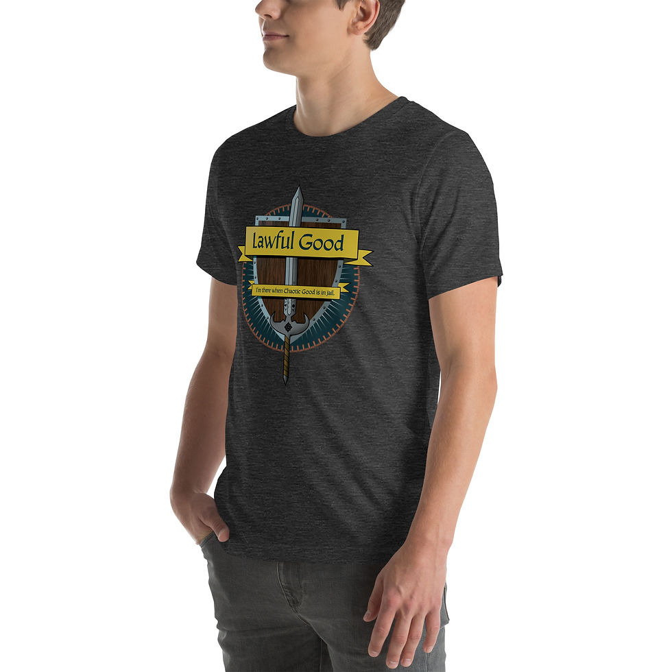 Thumbnail: Lawful Good shirt.  LG says, no, you don't look fat in that.