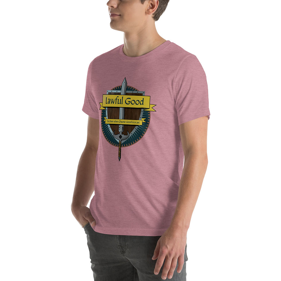 Thumbnail: Lawful Good shirt.  LG says, no, you don't look fat in that.