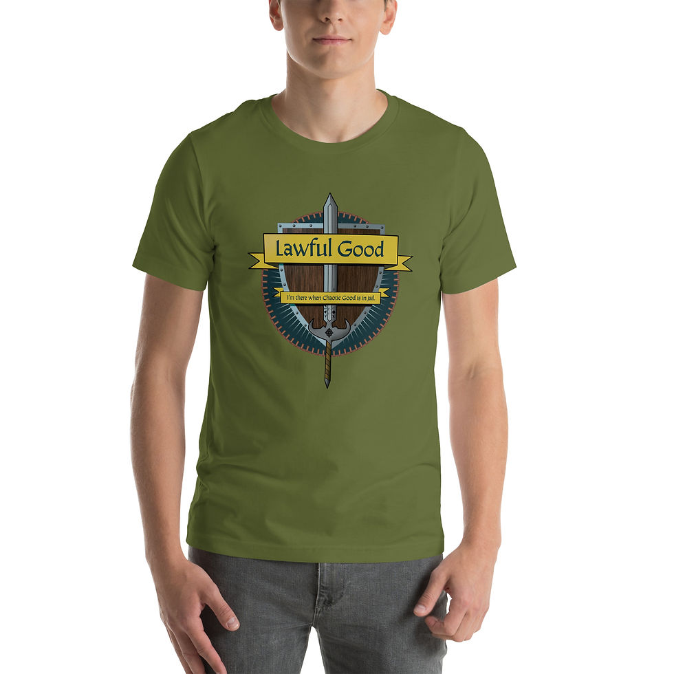 Thumbnail: Lawful Good shirt.  LG says, no, you don't look fat in that.