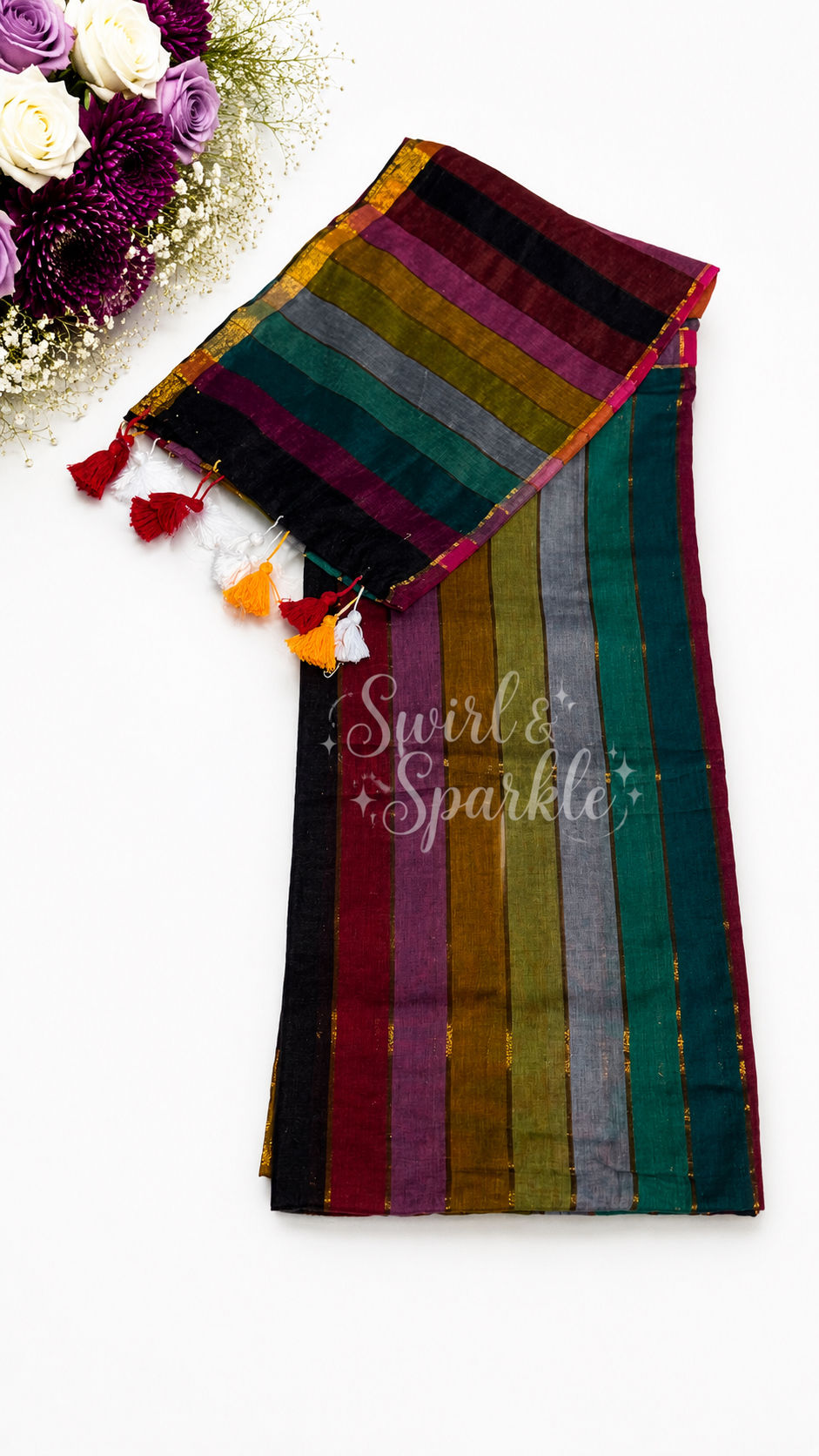 Thumbnail: Black Mul Cotton Saree with Vibrant Multicolour Stripes