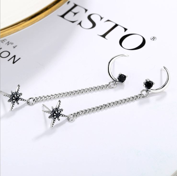 Thumbnail: Star and Moon · 925 Silver Double Piercing Earring