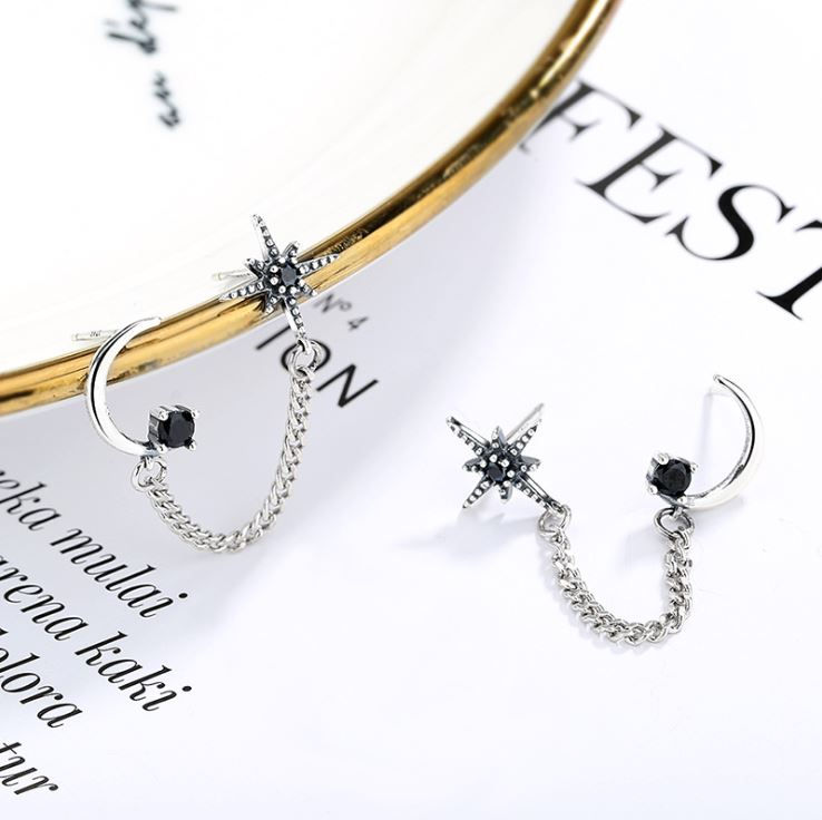 Thumbnail: Star and Moon · 925 Silver Double Piercing Earring