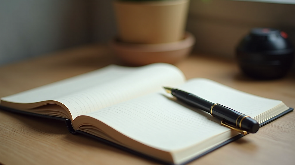 High angle view of a journal and pen on a wooden desk