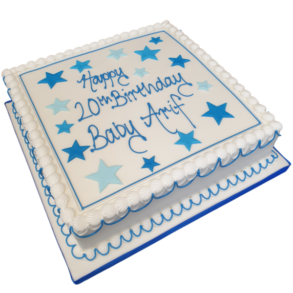 Bespoke 16-square celebration cake decorated with silver stars in Solihull, West Midlands.