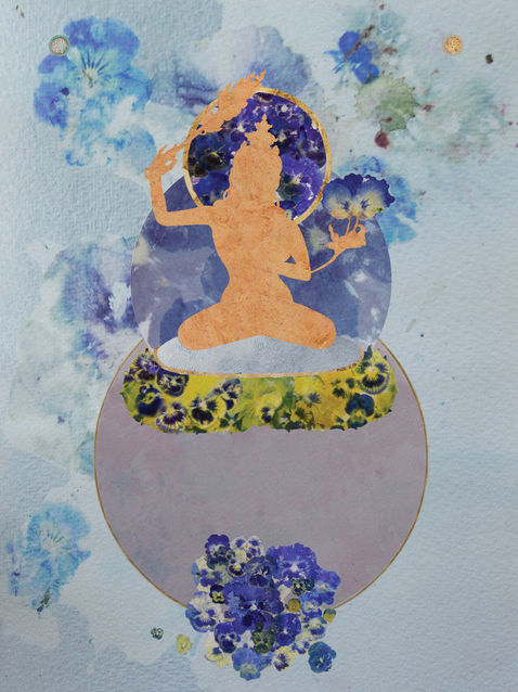 A thanka for "Wisdom" a track from the Dalai Lama's Inner World in the colours dark blue orange. 