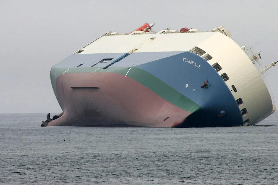 The capsized RoRo ship MV Cougar Ace after loosing stability during ballast water transfer.