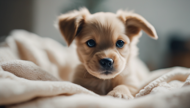 Cross breed puppy in bed