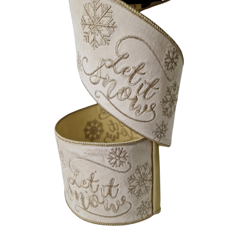 Thumbnail: Let It Snow Embroidered Velvet Ribbon, Ivory, 4" 10M