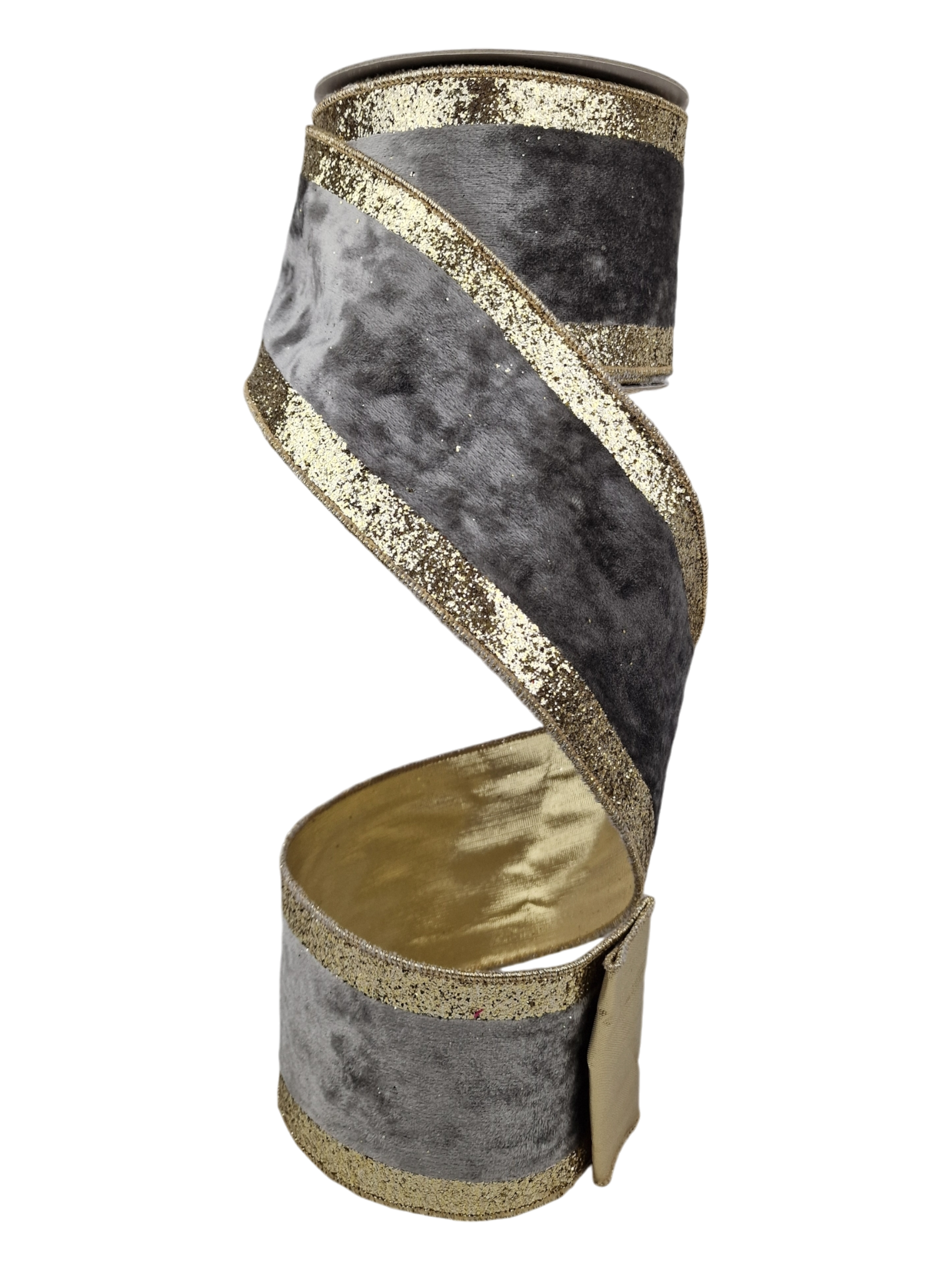 Velvet Ribbon with Glitter Edge, Grey, 4" * 10M