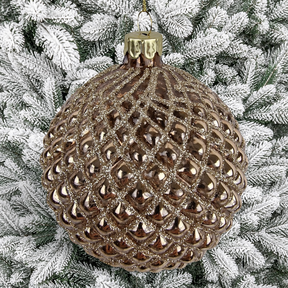 Thumbnail: 12cm Ridged Glass Bauble, Champagne - Set of 4