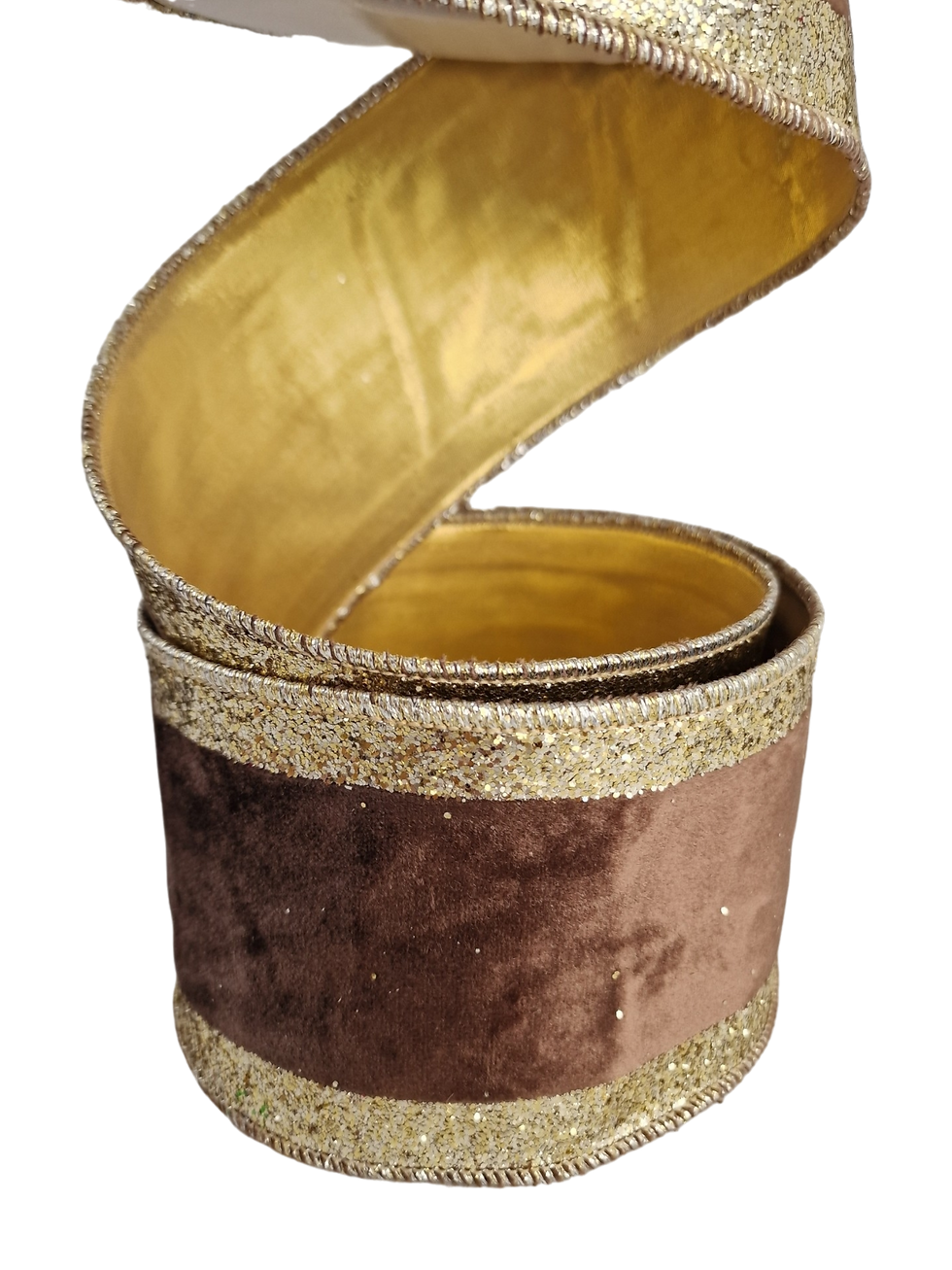 Thumbnail: Velvet Ribbon with Glitter Edge, Brown, 4" 10M