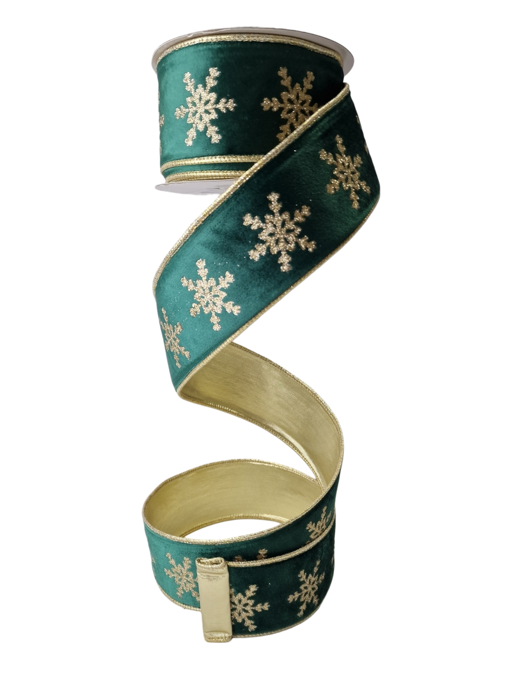 Emerald Velvet Ribbon with Glitter Snowflake, 2.5" 10M