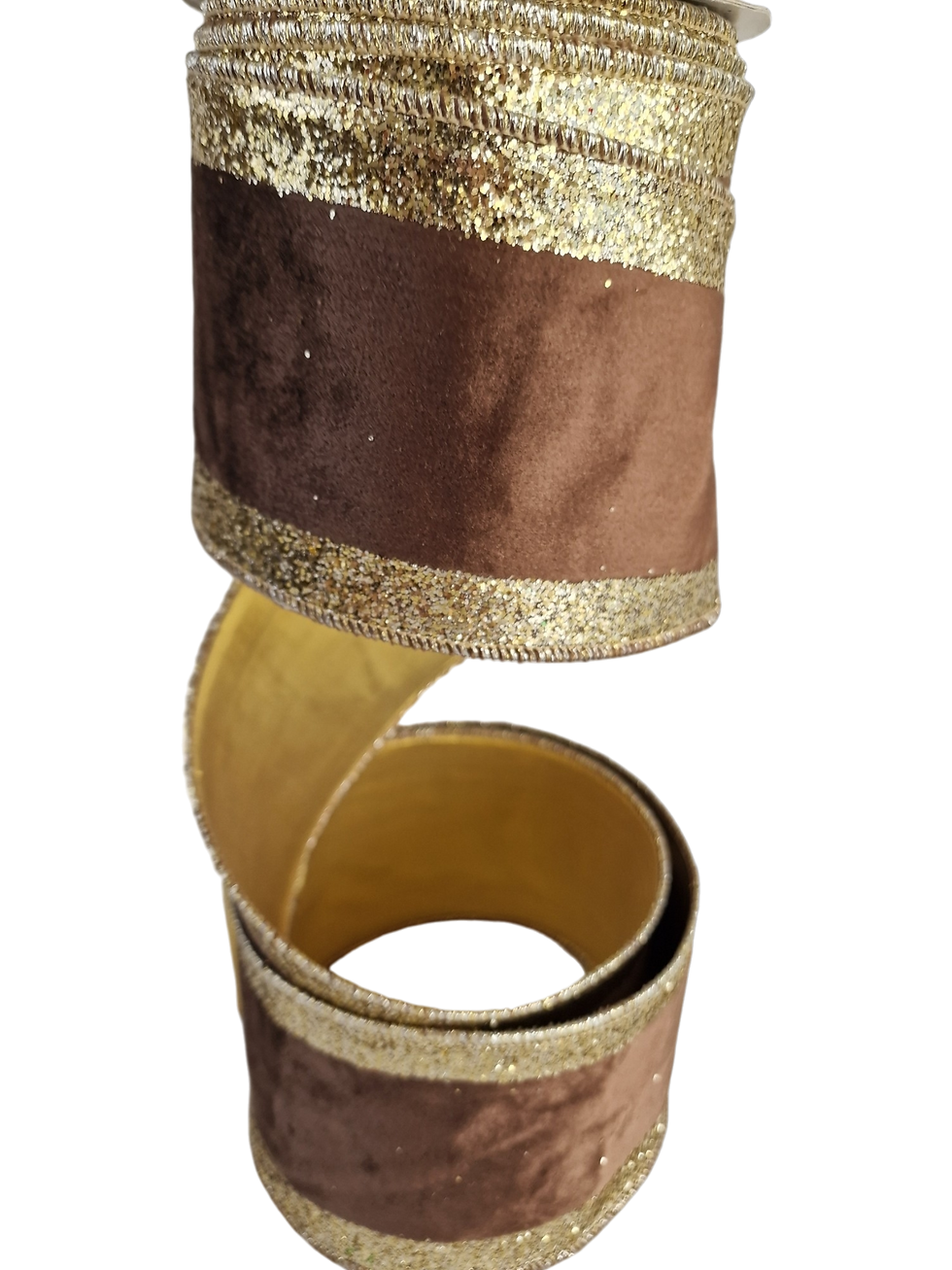 Thumbnail: Velvet Ribbon with Glitter Edge, Brown, 4" 10M