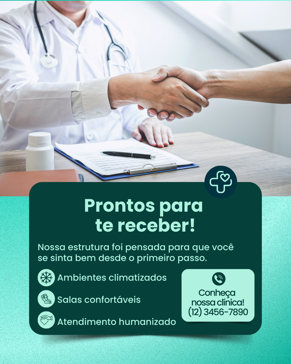 Médico e paciente apertando as mãos, texto: Prontos para te receber! Pandora Studio