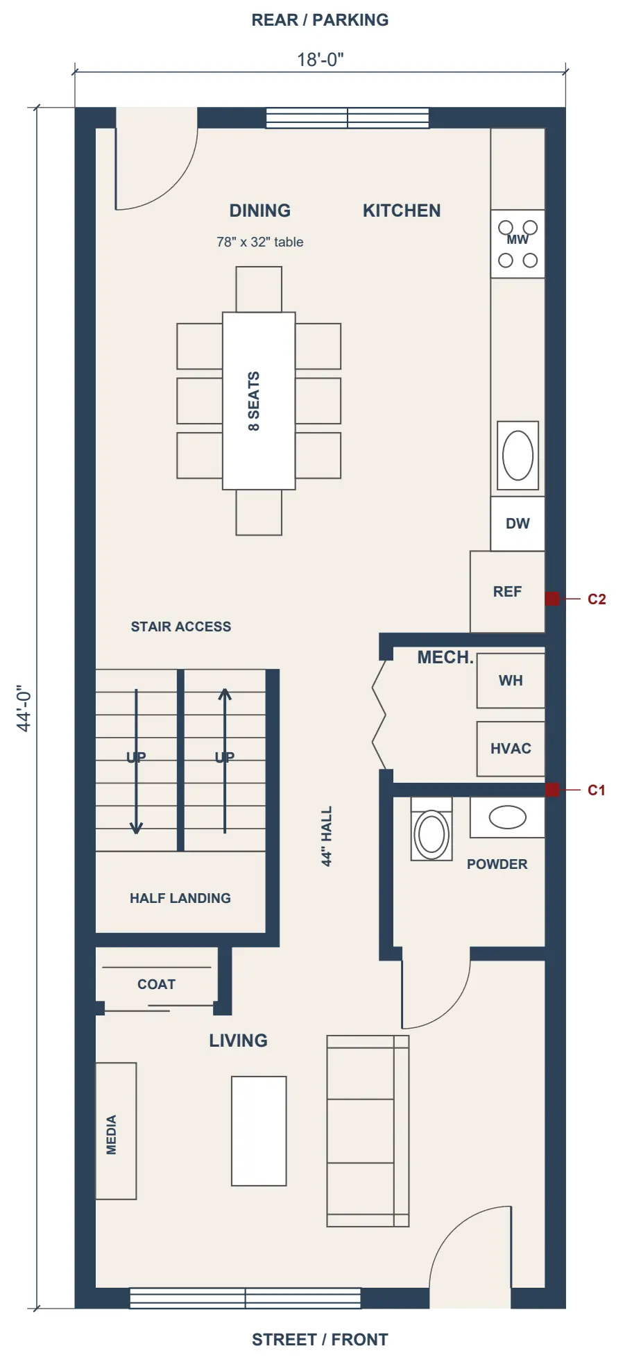 18-Foot Rowhome — Living level — floor plan concept by Module Building Systems.