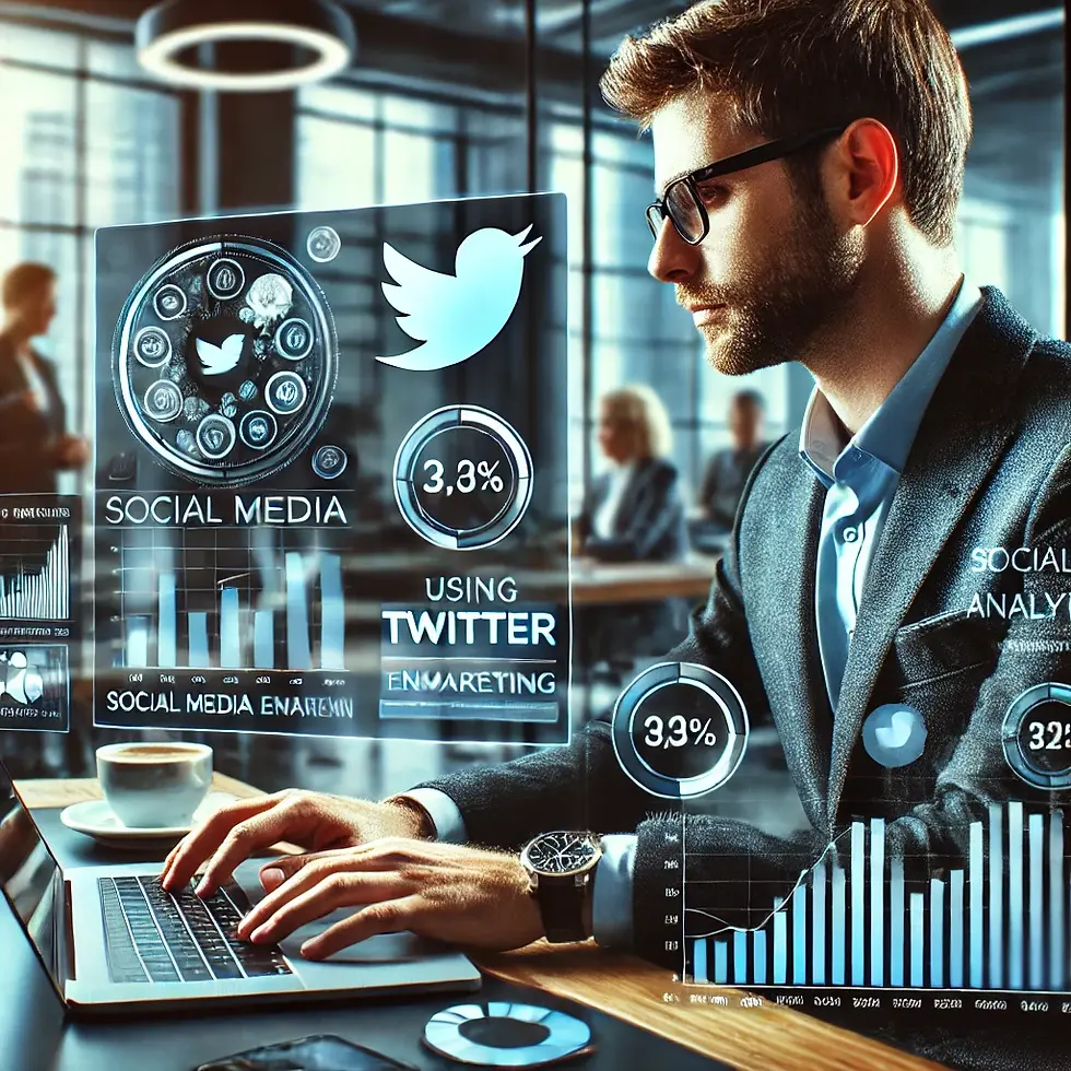 A business professional using a laptop to manage Twitter marketing campaigns, with analytics and engagement metrics displaye