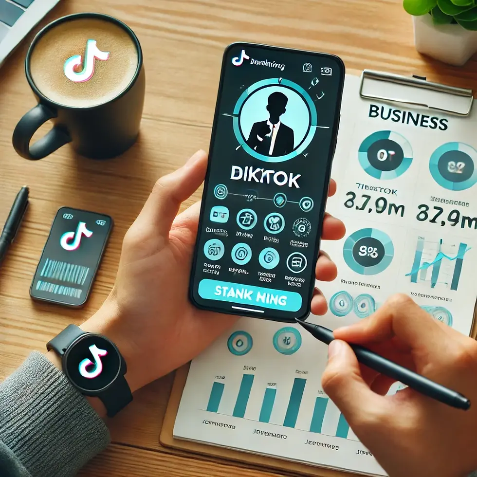 Thumbnail: Creating a TikTok Business Account – A digital marketer setting up a TikTok Business profile on a smartphone with branding el