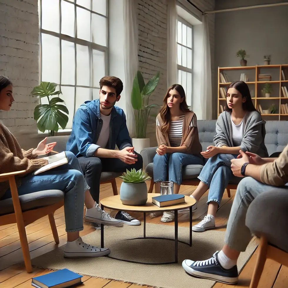 Thumbnail: A group therapy session for young people dealing with mental health challenges. Participants engage in structured discussion