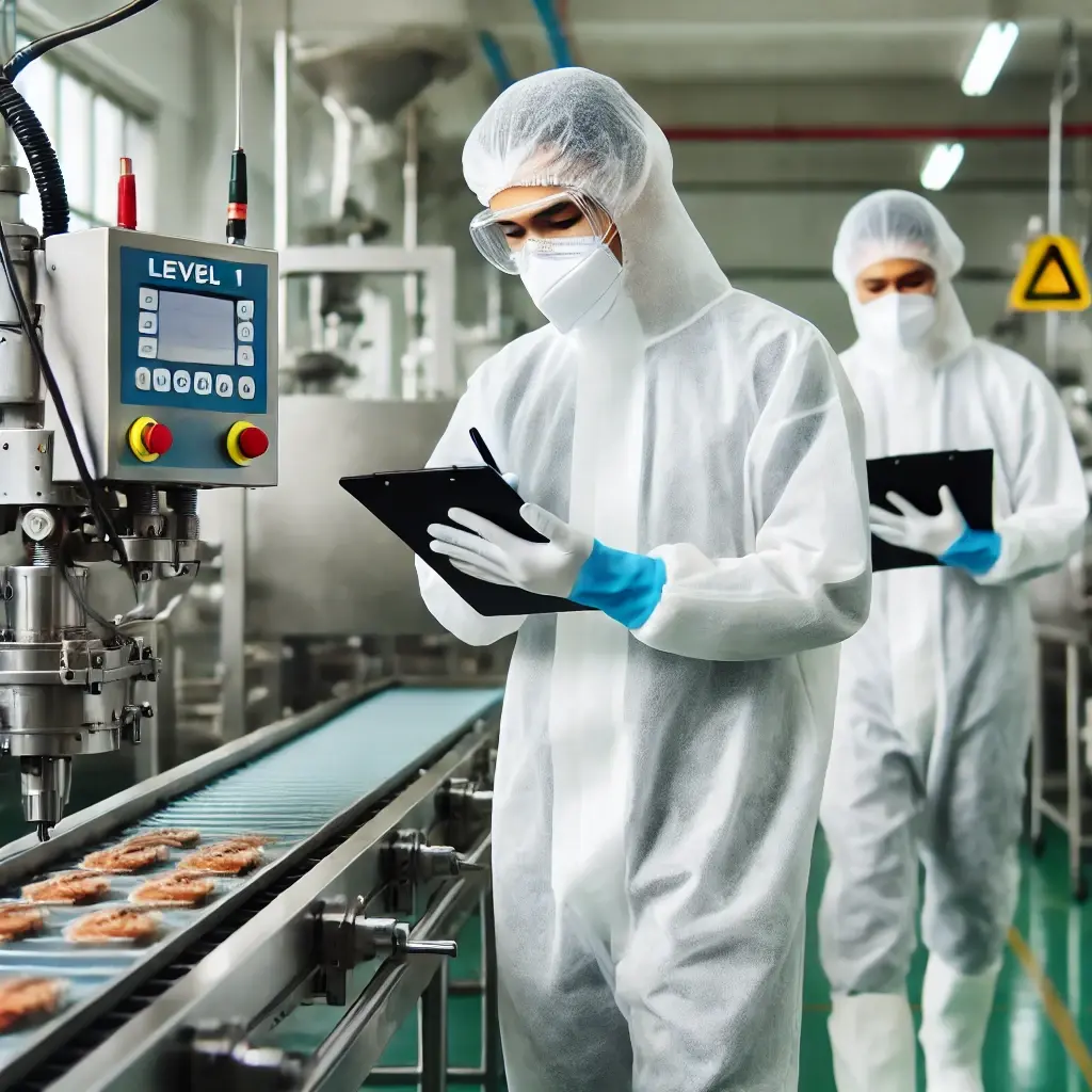 A team of food factory workers wearing protective clothing, performing hygiene checks on food processing equipment to ensure