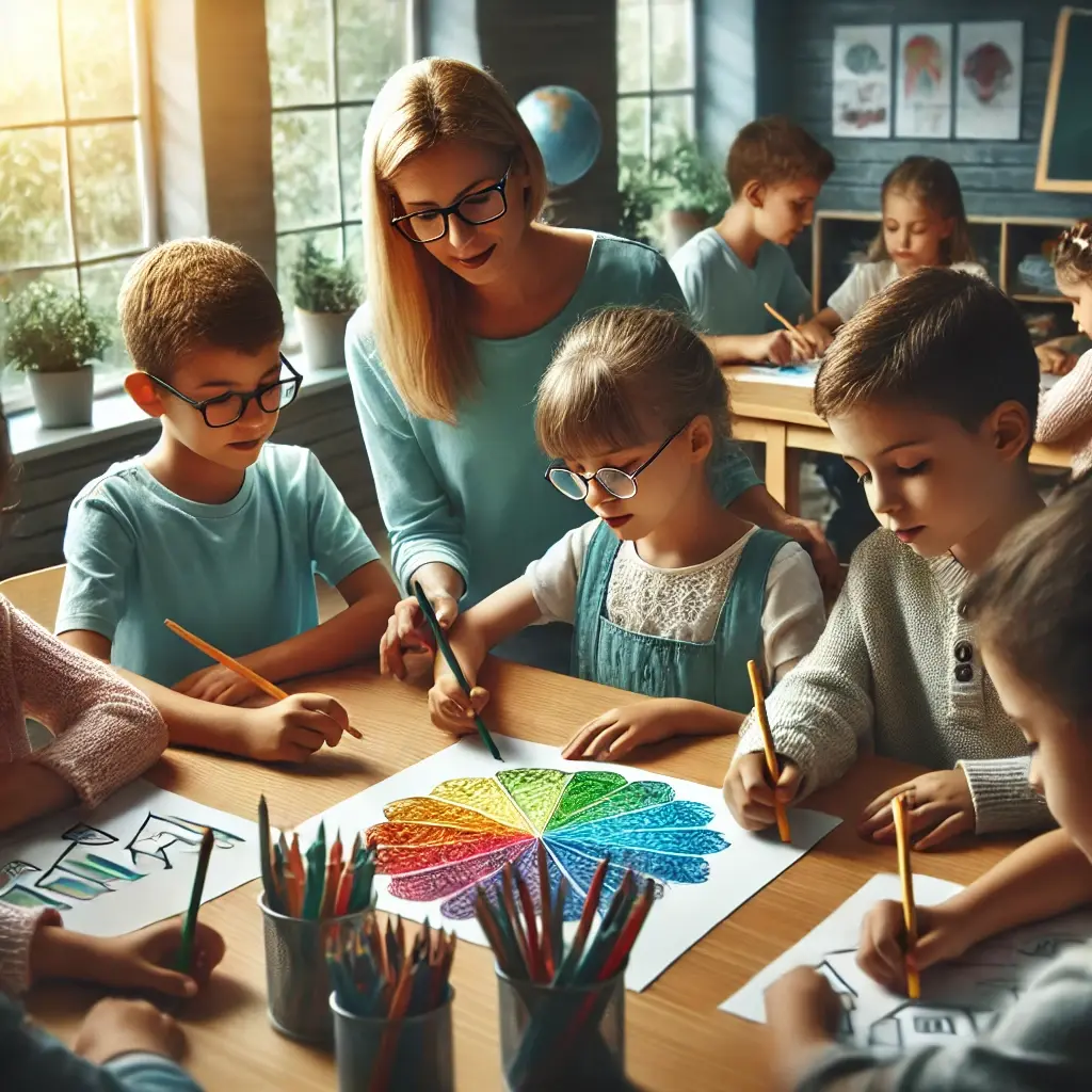A group of young children with learning disabilities engaged in a cooperative learning activity, supported by a teacher prom