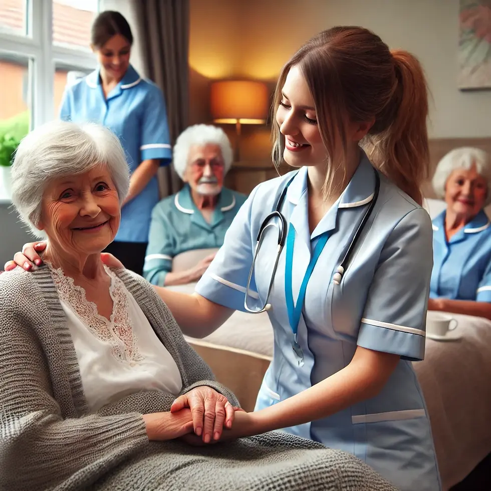 Thumbnail: Here is an image depicting a professional healthcare setting where a caregiver is assisting an elderly patient while ensuring