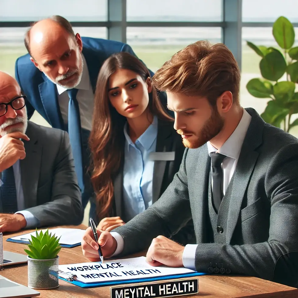 Thumbnail: Legal Compliance in Mental Health – A business consultant reviewing workplace mental health regulations with an HR team