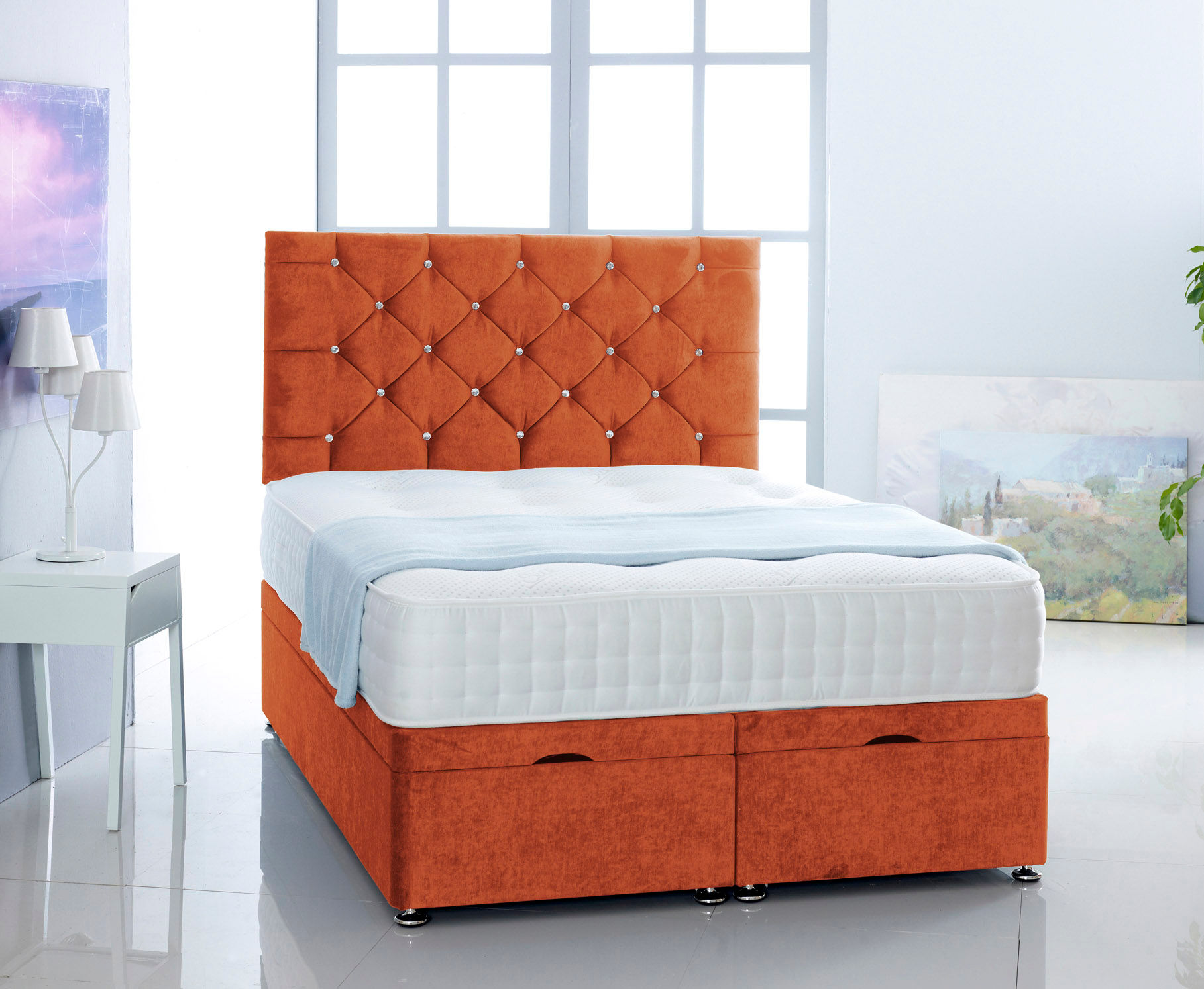 Velvet Fabric Ottoman Bed with Memory Sprung Mattress & Chesterfield Headboard