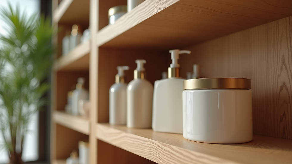 Eye-level view of hair care products arranged on a wooden shelf