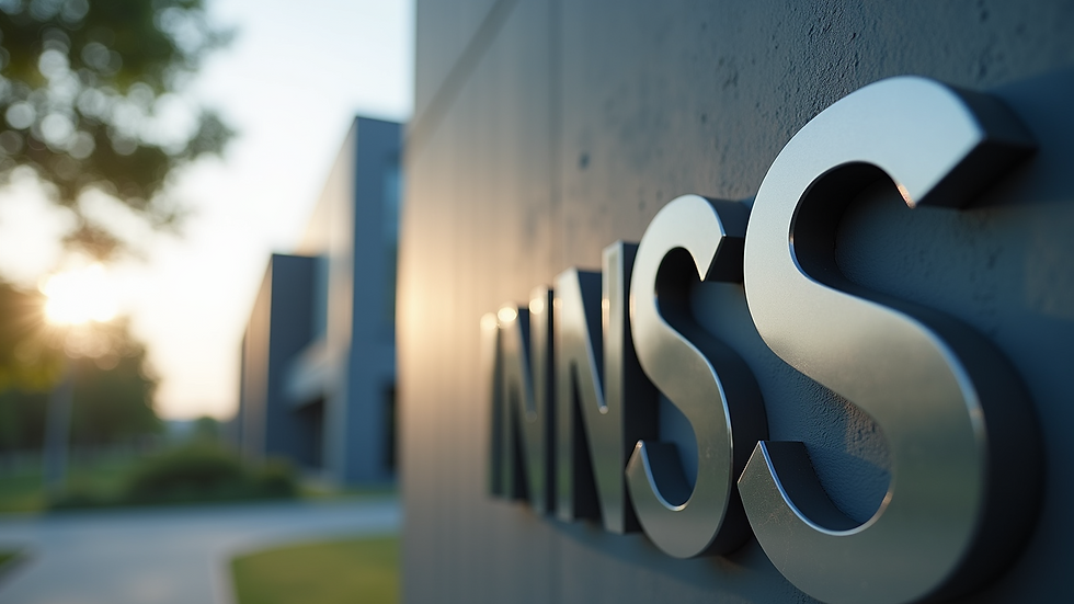 Close-up view of a government building with the INSS logo