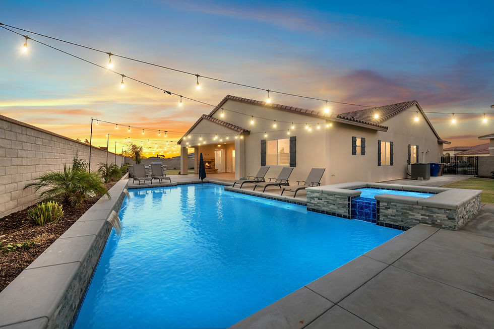 Virtual twilight backyard pool with string lights