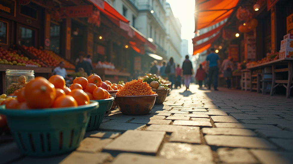 Eye-level view of a bustling outdoor market scene