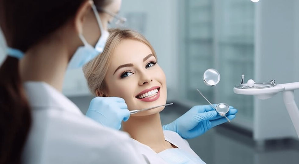 Dentist in a mask and gloves examines a smiling woman in a clinic. Dental tools visible, creating a professional yet calm setting.