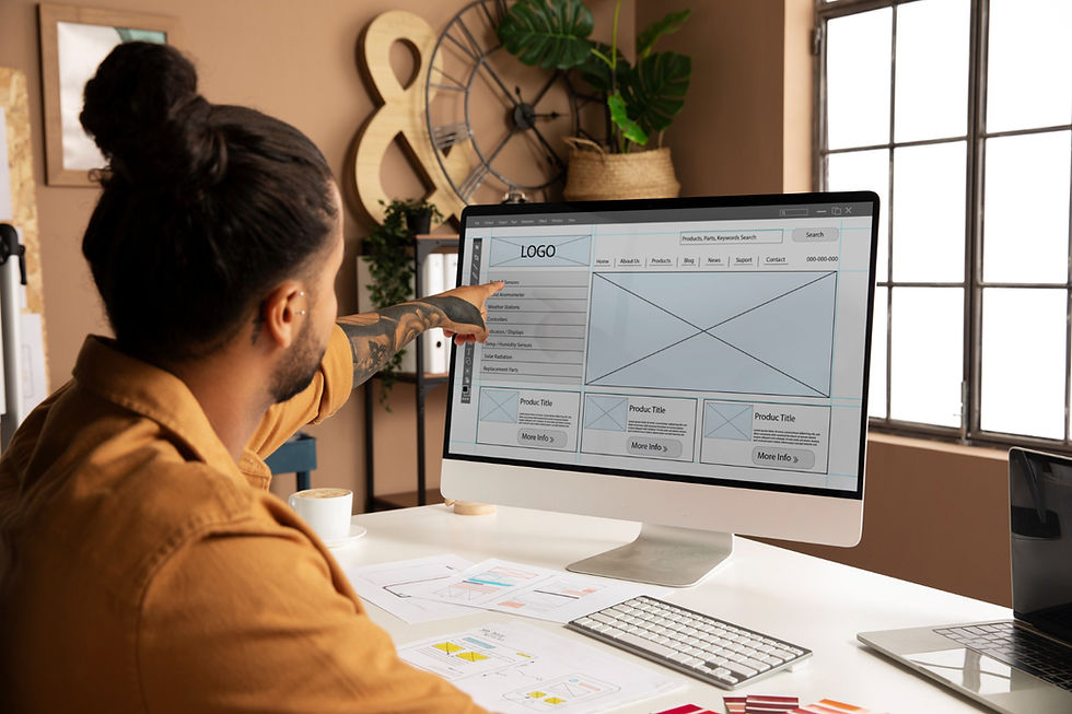 Man at desktop showing website mockup.