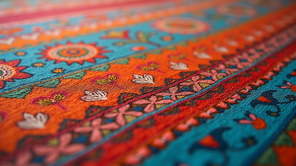Eye-level view of a colorful Indian textile pattern used in graphic design