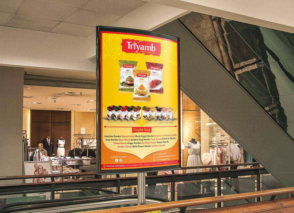 Large poster with Trifanyb's branding and product display in a mall setting