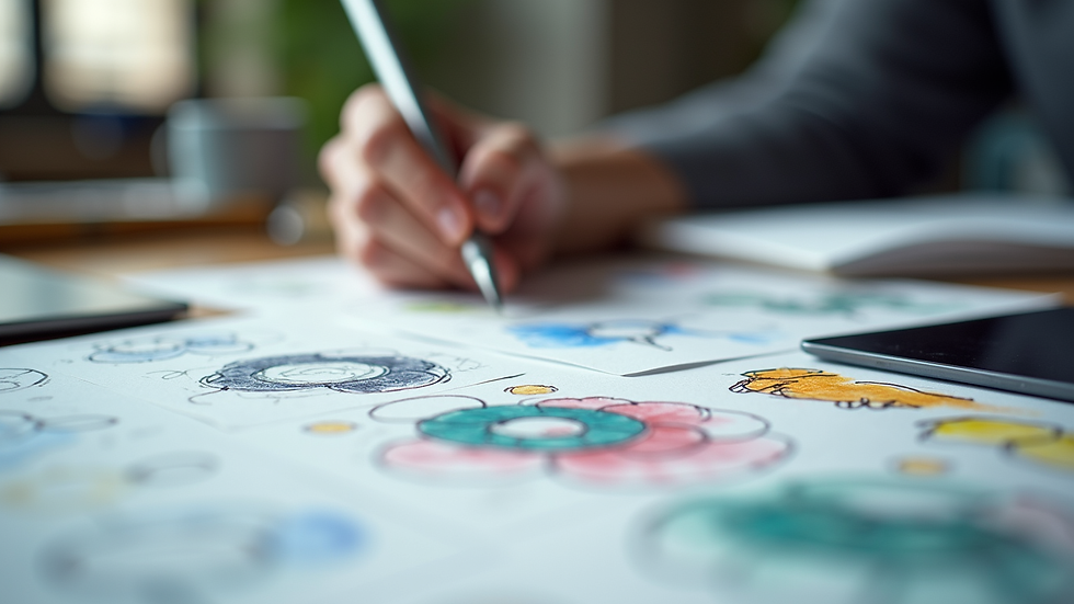 Close-up view of a designer’s workspace with digital tools and colorful sketches