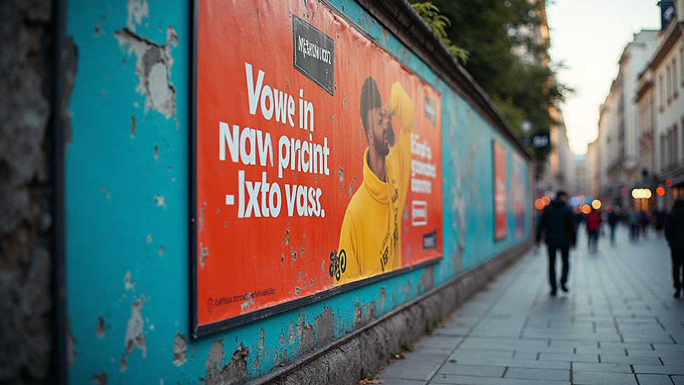 Eye-level view of a colorful marketing campaign poster on a city wall