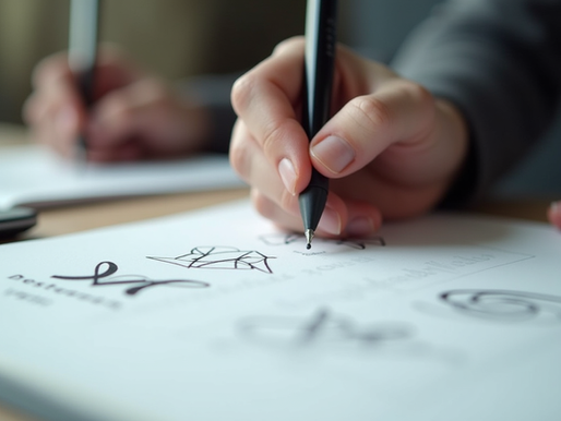 Eye-level view of a designer sketching logo concepts on paper