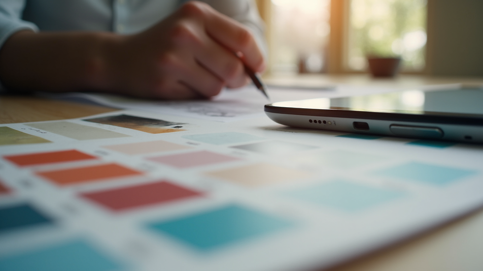 Close-up view of a designer’s desk with color swatches and a digital tablet