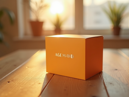 Eye-level view of a vibrant, uniquely designed product box on a wooden table