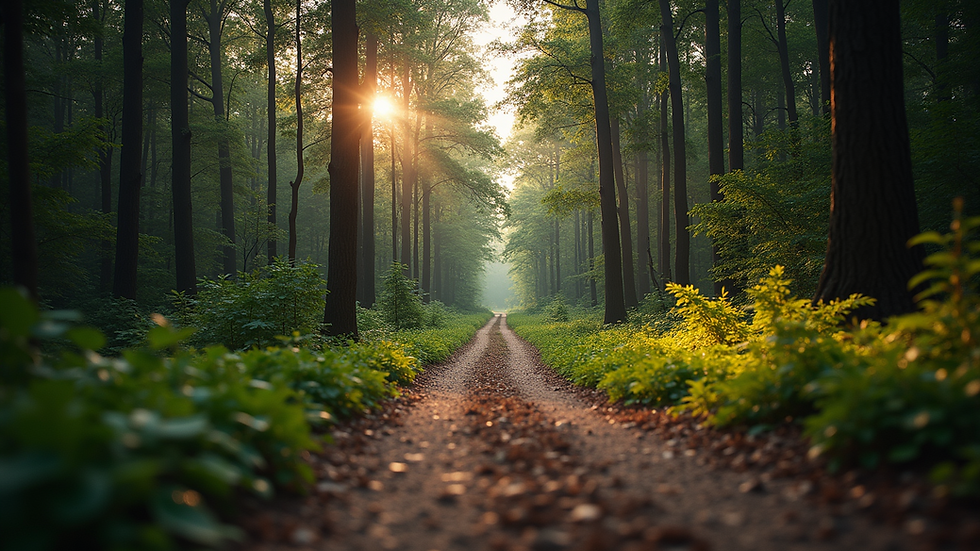 Eye-level view of a calm and inviting forest trail