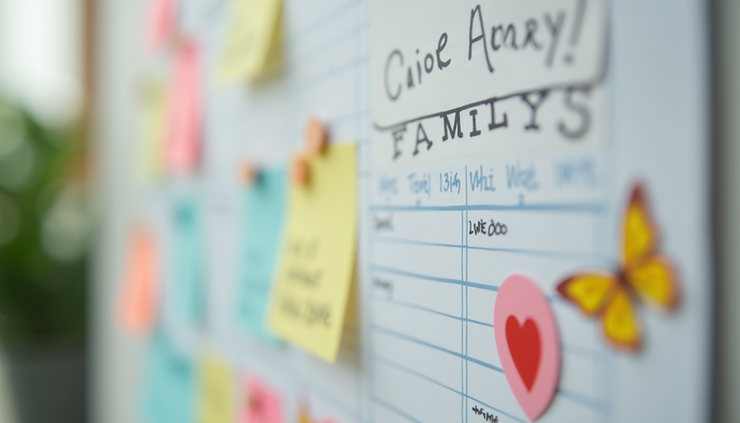 Close-up view of a family calendar with colorful notes and stickers