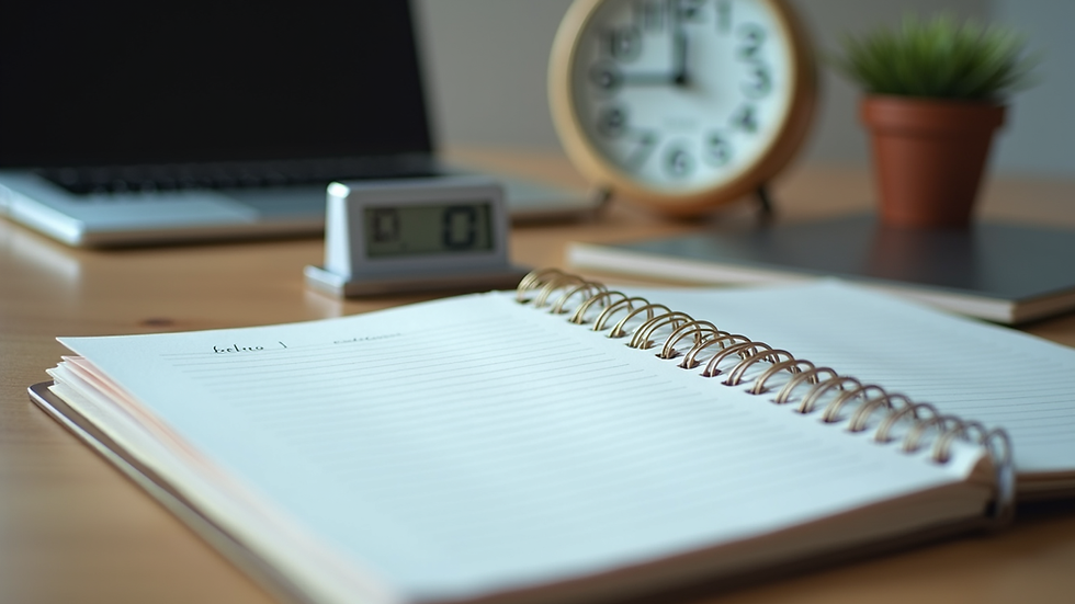 Eye-level view of a desk with a planner, timer, and notebook ready for task initiation