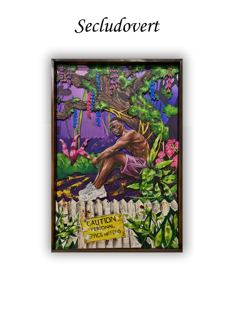 Black Contemporary Narrative Fine Art by a Black Artist Painting of man siting in a vibrant, mystical, and sacred forest with a fence in the foreground and a sign saying 'CAUTION: PERSONAL SPACE NEEDED'hanging on the fence