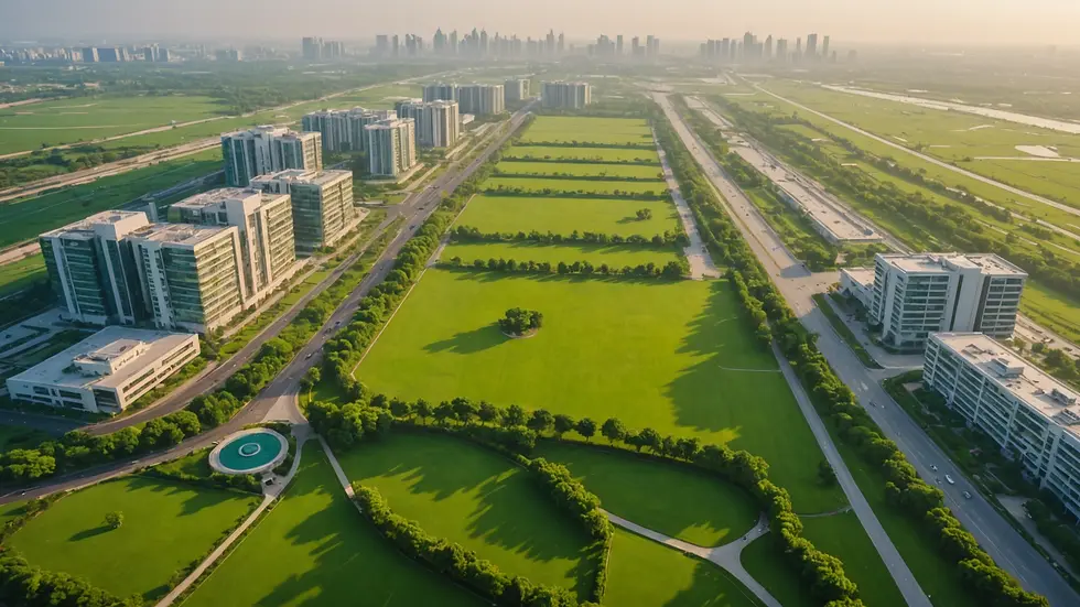 Wide angle view of the green landscapes surrounding GIFT City complex