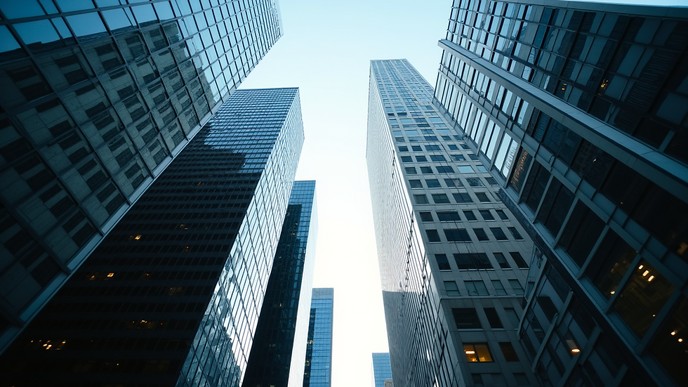 Eye-level view of modern financial district with skyscrapers