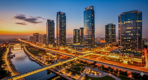 Eye-level view of modern financial district with skyscrapers