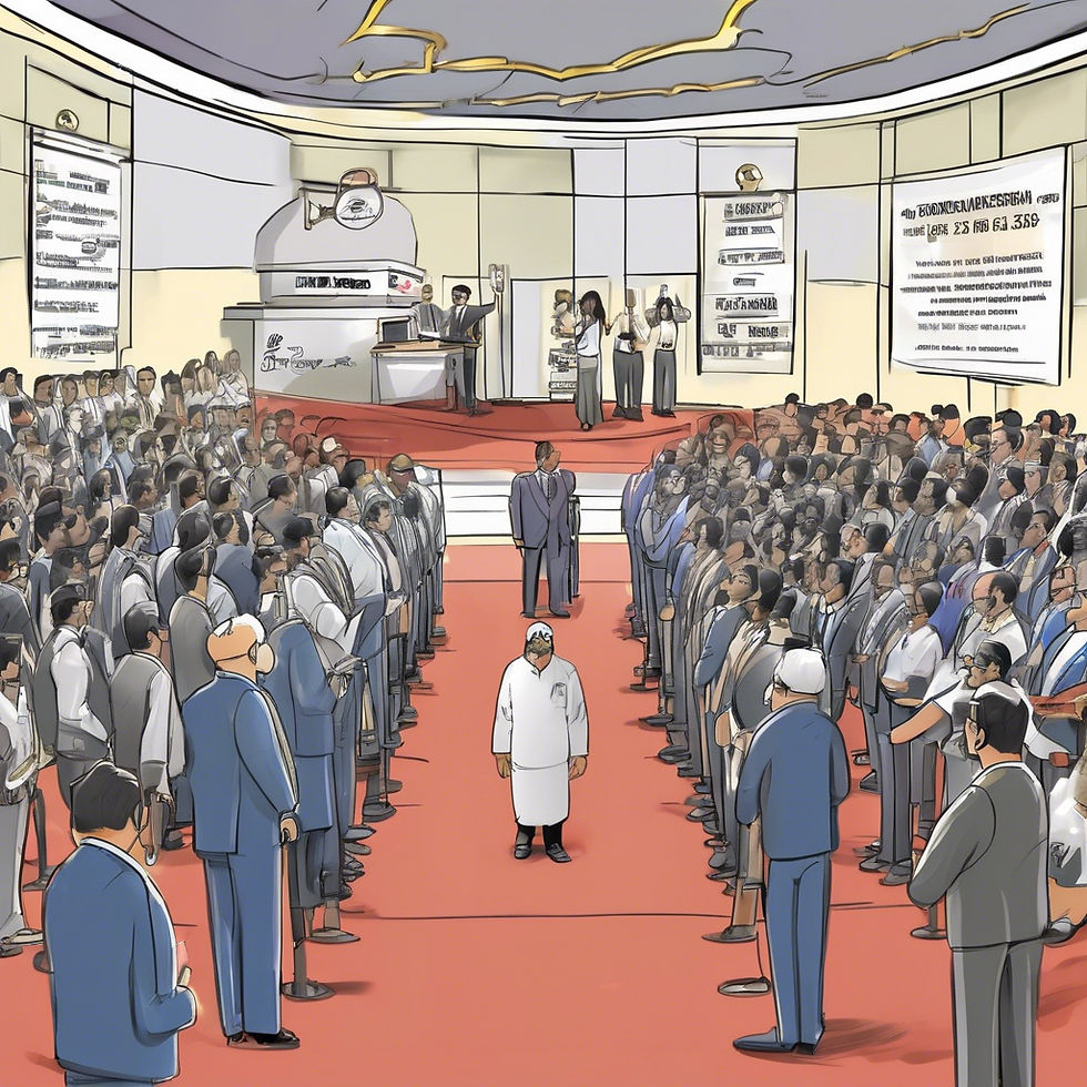 Crowd in suits on red carpet faces a chef in white. Stage in background with people presenting. Text on walls, formal setting.