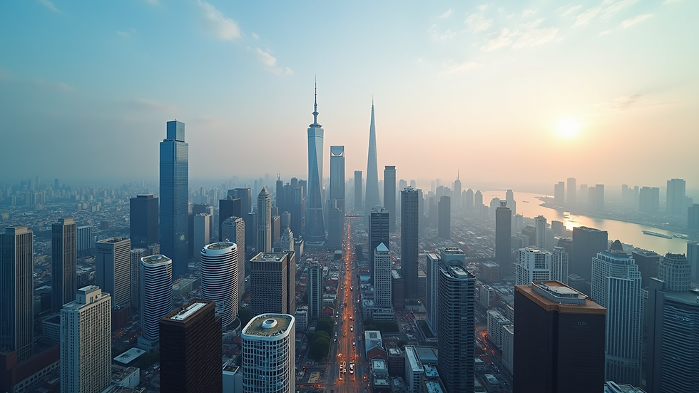 Wide angle view of GIFT City skyline with modern skyscrapers